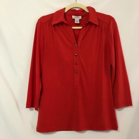 Carmen Marc Valvo Coral Henley Collared Shirt Womens S Red Long Sleeve Blouse - Picture 8 of 8
